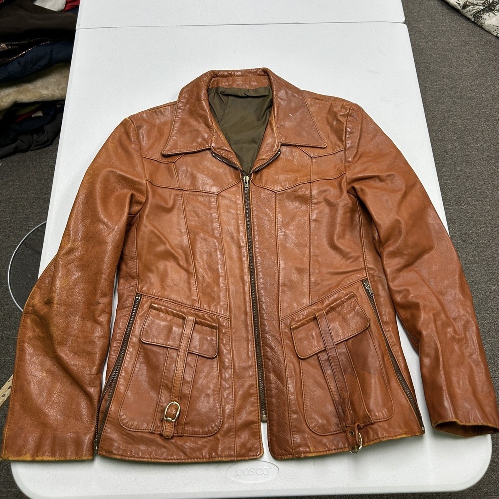 Unbranded Leather Jacket womans Medium Cognac Brown 70s Western Boho D2